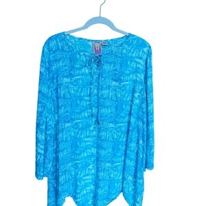 Blue Patterned Long Sleeve Shark-hem Top L